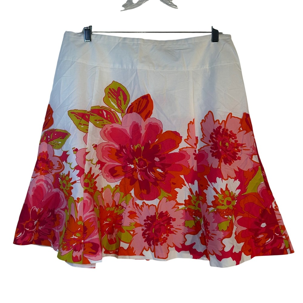 Floral Print A-Line Skirt White Pink Orange Green Cotton Stretch Size 18